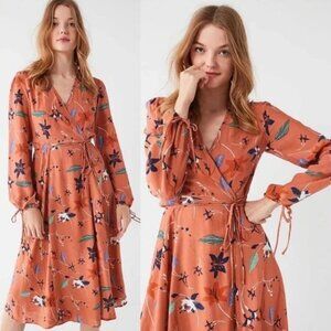 UO Urban Outfitters Audrey Long Sleeve Floral Bird Print Wrap Midi Dress S